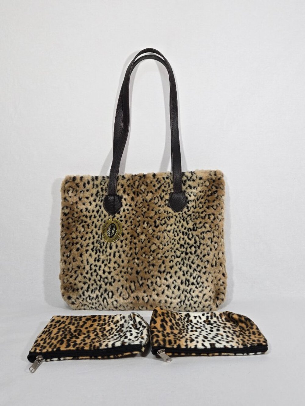 U.S.A Vintage Y2K Mob-Wife Animal Print Faux Fur Leather Strap TOTE BAG + 2 Pcs.